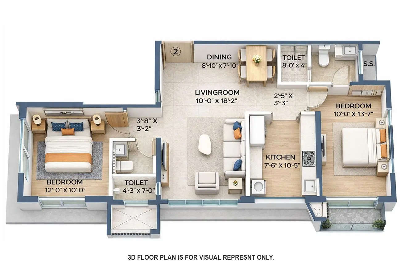 Arkade Rare Bhandup - Floor plan 2 BHK 677 Sq.ft