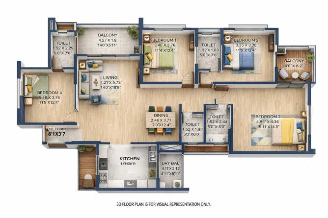 Pride Purple Park Landmark Bibwewadi - Floor plan 4 BHK 1350 Sq.ft