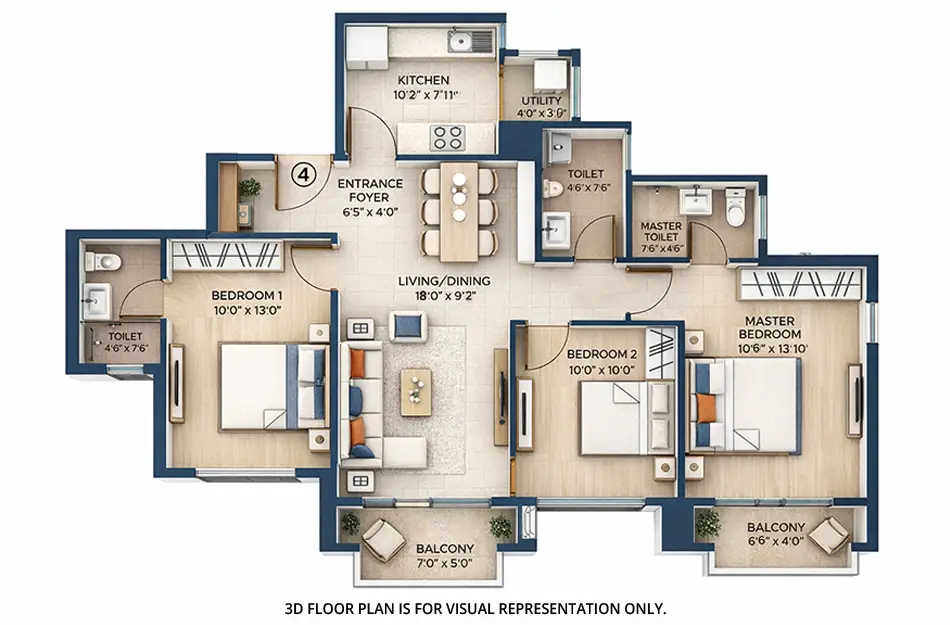 Hiranandani Fortune City Panvel - Floor plan 3 BHK 970 Sq.ft
