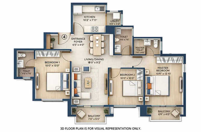 Hiranandani Fortune City Panvel - Floor plan 3 BHK 970 Sq.ft