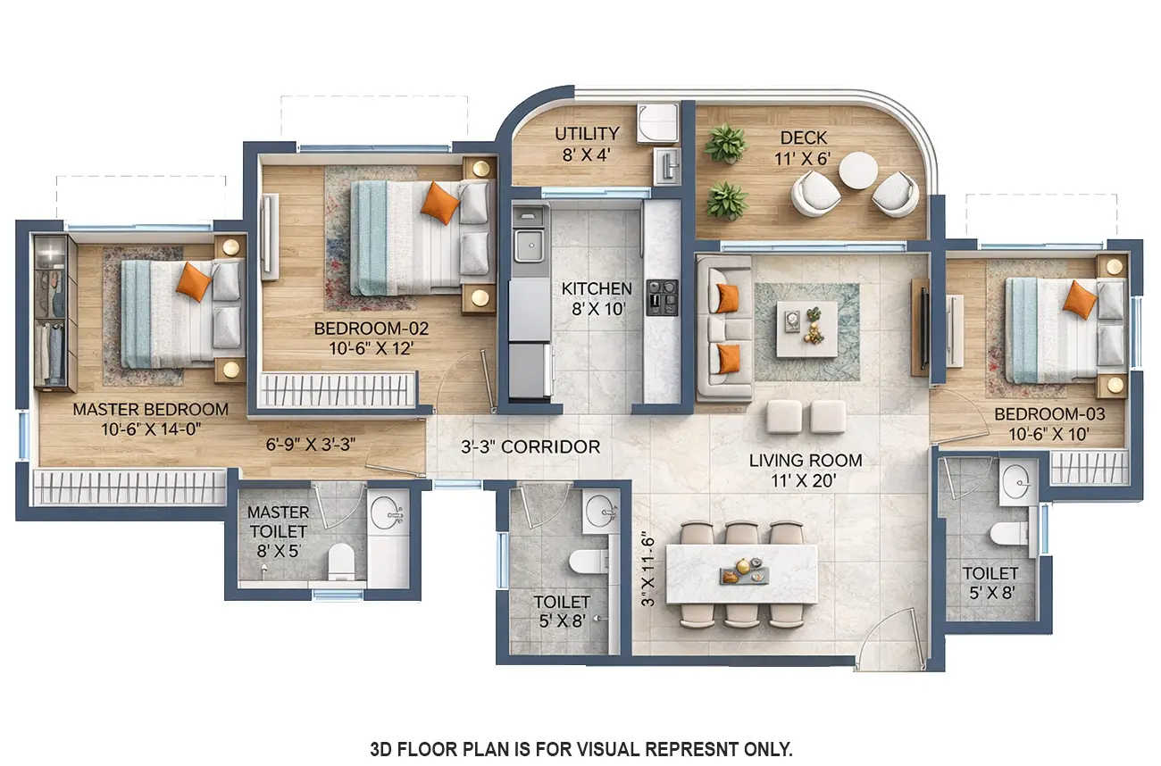 Lodha Corinthia Bhandup - Floor plan 3 BHK 1045 Sq.ft