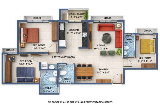 Arihant Advika Vashi - Floor plan 3 BHK 807 Sq.ft