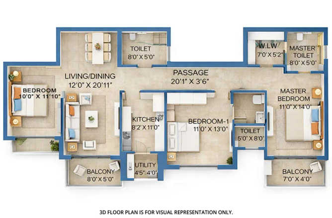 Hiranandani Golden Willows Panvel - Floor plan 3 BHK 1149 Sq.ft