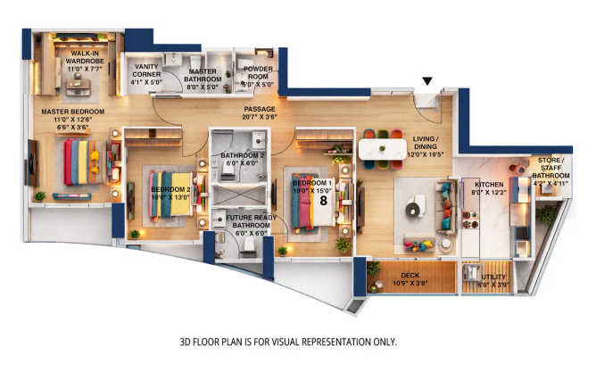 Rustomjee 180 Bayview Matunga - Floor plan 3 BHK 1221 Sq.ft