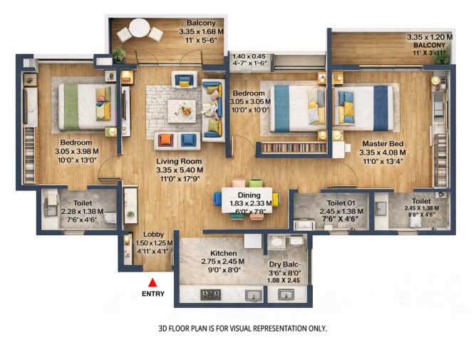 Kohinoor Kaleido Wagholi - Floor plan 3 BHK 1037 Sq.ft