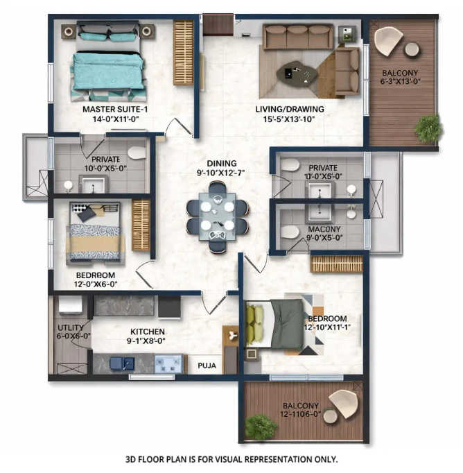Candeur Crescent Lingampally - Floor plan 3 BHK 1721 Sq.ft