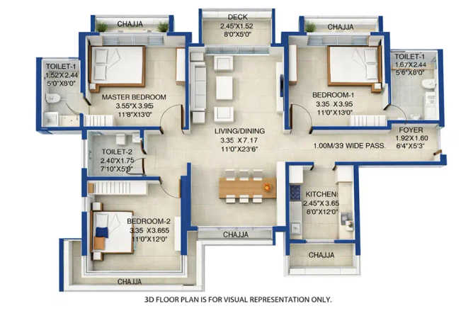 Wadhwa Wise City Panvel - Floor plan 3 BHK 1100 Sq.ft
