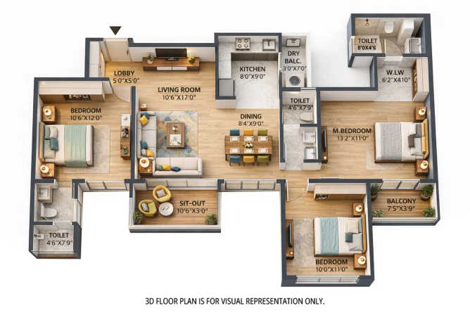 Saheel Luxton Wakad - Floor plan 3 BHK 1027 Sq.ft