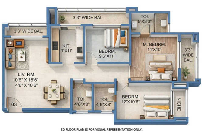Sai World City Panvel - Floor plan 3 BHK 1110 Sq.ft