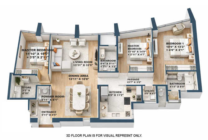 Lodha Kiara Worli - Floor plan 3 BHK 1331 Sq.ft