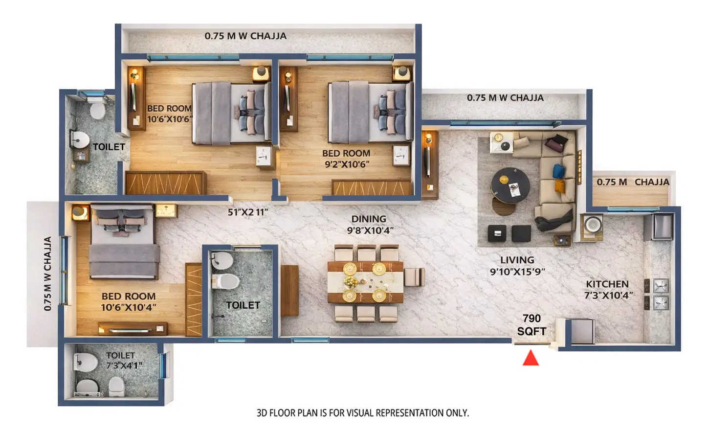Adityaraj Greens Powai - Floor plan 3 BHK 790 Sq.ft