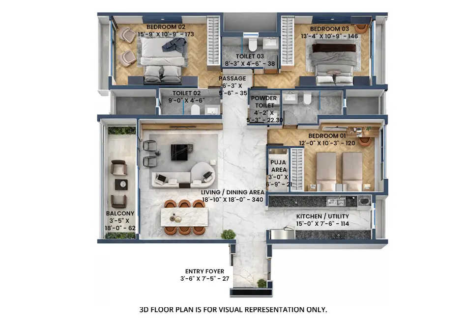 Shreeji Aikyam Kandivali - Floor plan 3 BHK 1288 Sq.ft