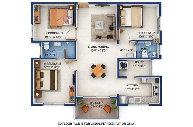 Urbanrise The Lakes Edge Madhavaram - Floor plan 3 BHK 1298 Sq.ft