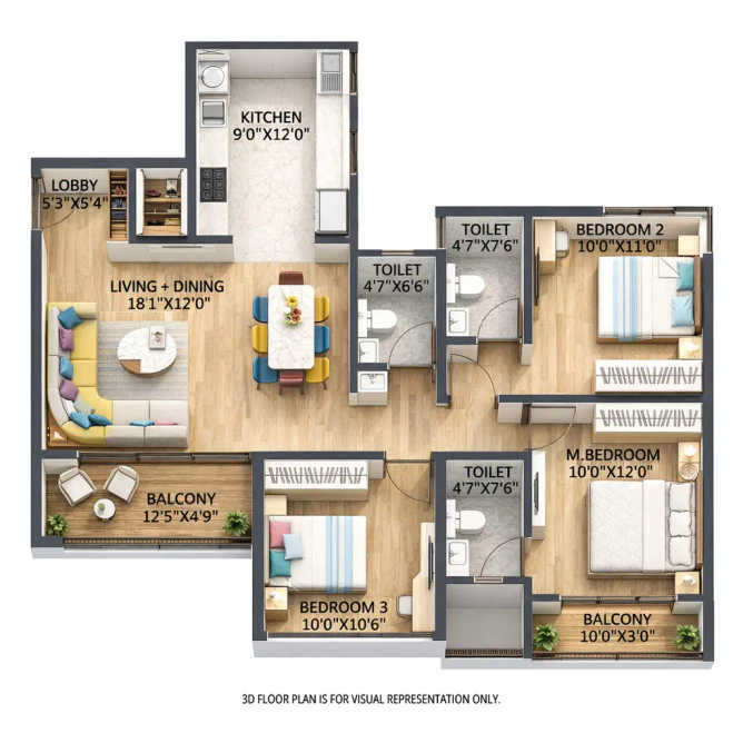 Rohit 108 Astera Punawale - Floor plan 3 BHK 988 Sq.ft
