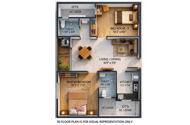Urbanrise Revolution One Padur - Floor plan 2 BHK 778 Sq.ft