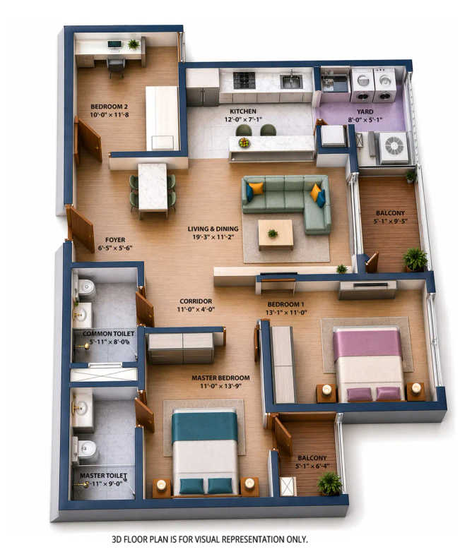 L & T Elara Celestia Hebbal - Floor plan 3 BHK 1525 Sq.ft