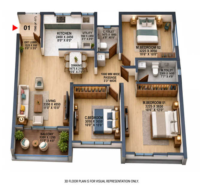 Goyal My Home Sanctuary Mamurdi - Floor plan 3 BHK 848 Sq.ft