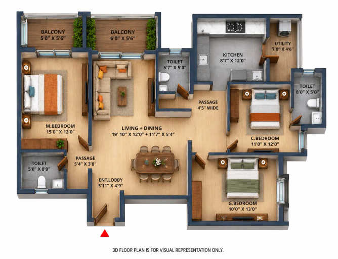 TVS Emerald Auralis Sathanur - Floor plan 3 BHK 1828 Sq.ft
