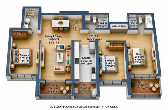 L & T Evara Heights Majiwada - Floor plan 3 BHK 1088 Sq.ft
