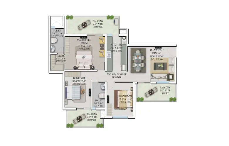 Floor plan for 3 BHK