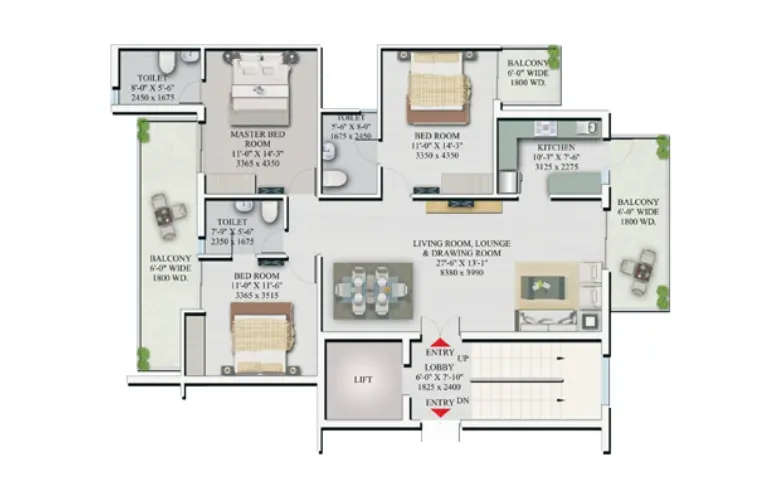 Floor plan for 3 BHK