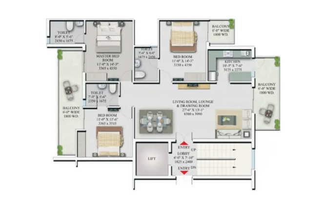 Supertech Officer's Enclave Sector 49 Gurgaon - Floor plan 3 BHK 1720 Sq.ft