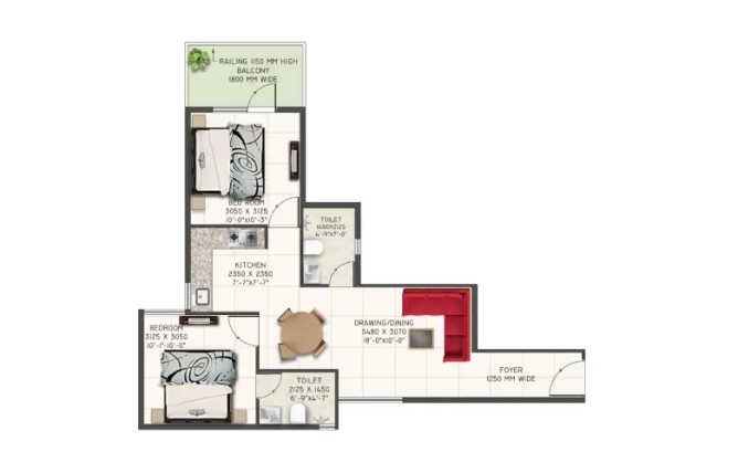 Supertech The Valley Sector 117 - Floor plan 2 BHK 571 Sq.ft