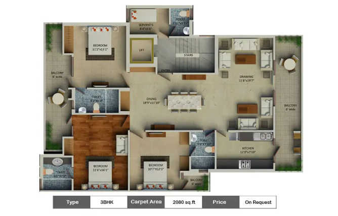 Supertech Neeladri Sector 79 Gurgaon - Floor plan 3 BHK 2080 Sq.ft