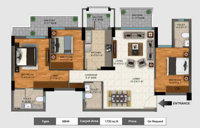 DLF Regal Gardens Sector 90 Gurgaon - Floor plan 3 BHK 1720 Sq.ft