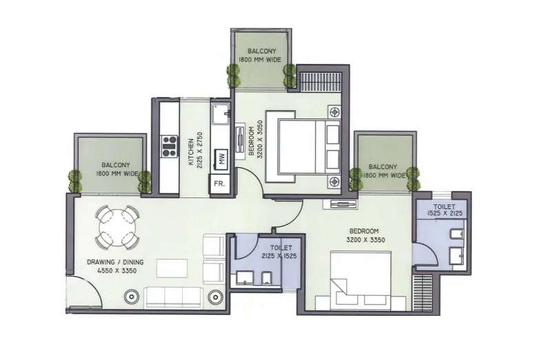 Floor plan for 2 BHK