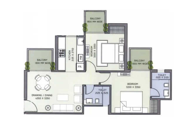 Supertech Azalia Sector 68 Gurgaon - Floor plan 2 BHK 1000 Sq.ft