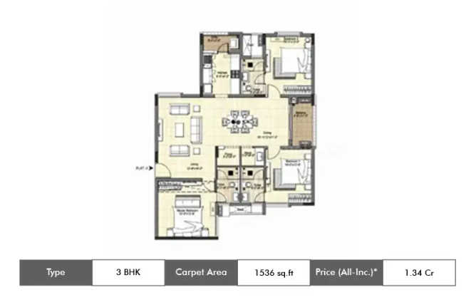DRA Tuxedo Velachery - Floor plan 3 BHK 1536 Sq.ft