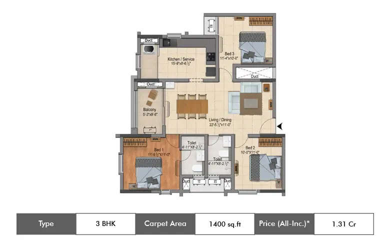 Floor plan for 3 BHK