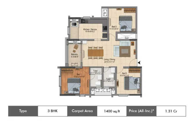 DRA Ascot Adambakkam - Floor plan 3 BHK 1400 Sq.ft