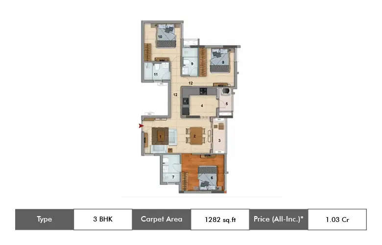 Floor plan for 3 BHK