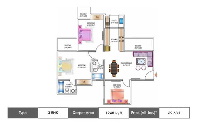 Ajnara Daffodil Sector 137 - Floor plan 3 BHK 1248 Sq.ft