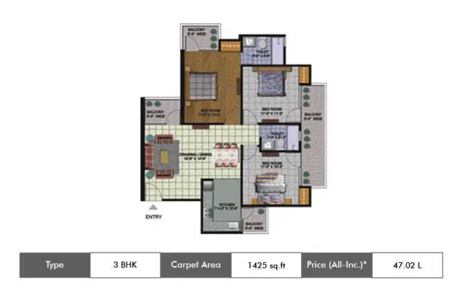 Amrapali Golf Homes Sector 4 Greater Noida - Floor plan 3 BHK 1425 Sq.ft