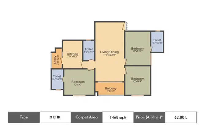 Pacifica Happiness Towers Padur - Floor plan 3 BHK 1468 Sq.ft
