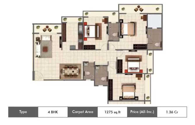 Tharwani Solitaire Kalyan - Floor plan 4 BHK 1275 Sq.ft