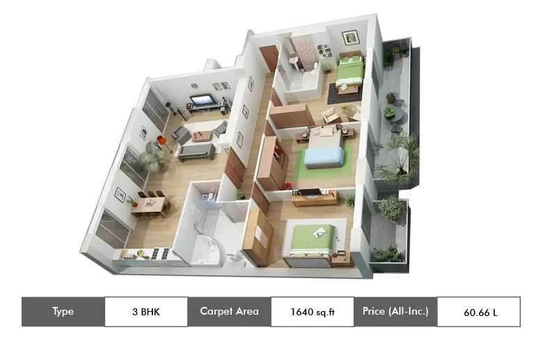 Floor plan for 3 BHK