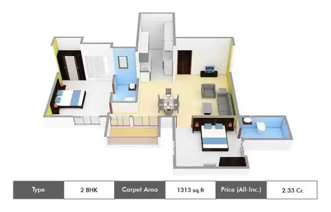 Appaswamy Clover By The River Adyar - Floor plan 2 BHK 1313 Sq.ft