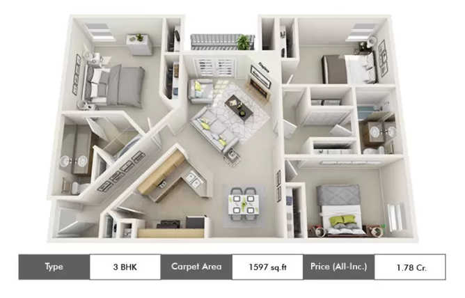 Appaswamy Capella Vadapalani - Floor plan 3 BHK 1597 Sq.ft