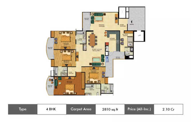 Supertech Emerald Court Sector 93A - Floor plan 4 BHK 2810 Sq.ft