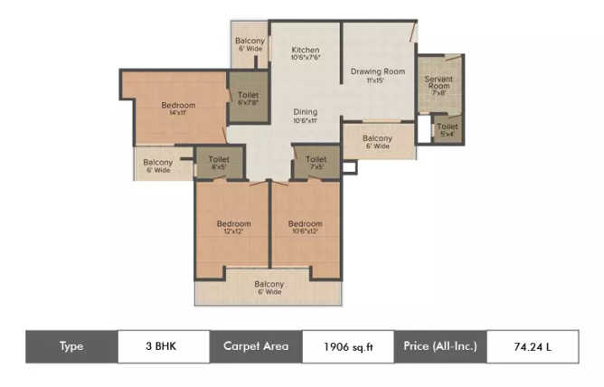 Supertech Albaria Sector 1 Greater Noida W - Floor plan 3 BHK 1906 Sq.ft
