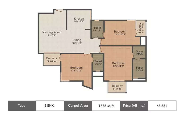 Floor plan for 3 BHK