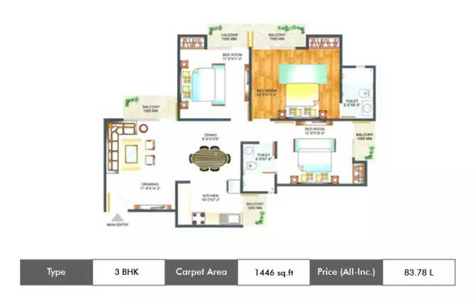 Amrapali Pan Oasis Sector 70 - Floor plan 3 BHK 1446 Sq.ft