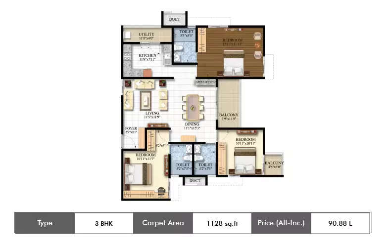 Floor plan for 3 BHK