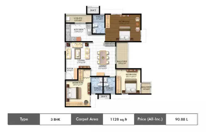 Shriram Luxor Chikkagubbi - Floor plan 3 BHK 1128 Sq.ft