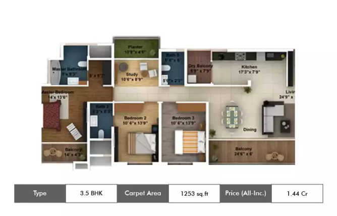 Amanora Gateway Towers Hadapsar - Floor plan 3.5 BHK 1253 Sq.ft