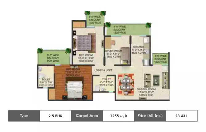 Supertech Shaan Sector 4 Greater Noida - Floor plan 2.5 BHK 1255 Sq.ft